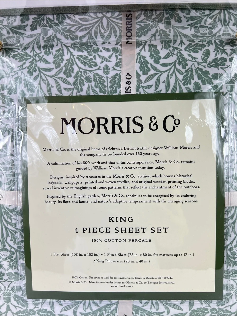 William Morris Co King Sheet Set Acorn Green White 100% Cotton Percale 4 Pc NEW